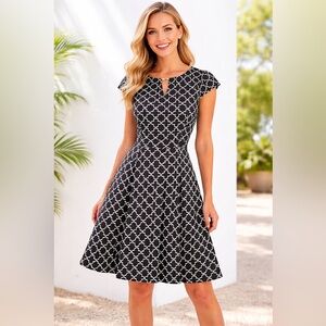 TAHARI Black White Geometric Print Fit Flare womens Dress Size 12